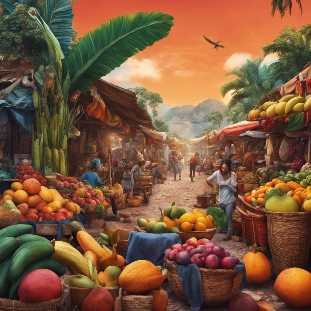 Capture the essence of a South American farmer's market, with vibrant textiles, pottery, and tropical fruits