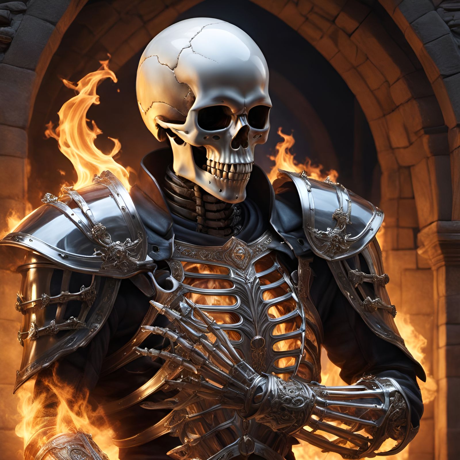 Transparent Skeleton Uppercut in Hyperdetailed Flame Lit Arc...