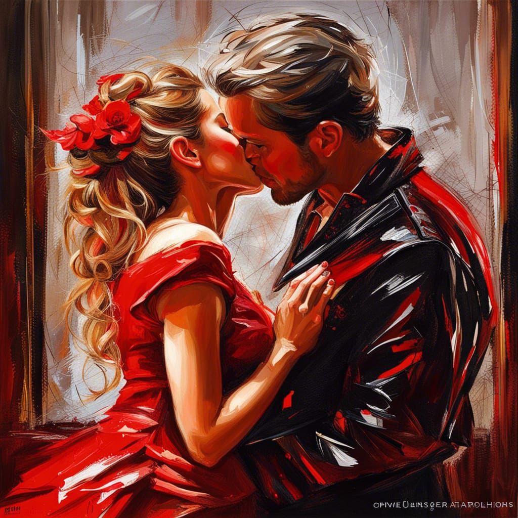 Passionate Kiss in Thick Brush Stroke Oil Painting
