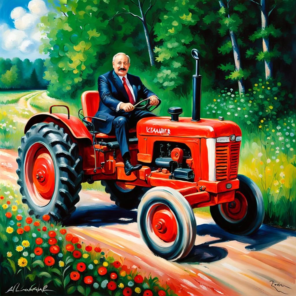 Lukashenko Rides Tractor: Oil Painting in Chagall Style