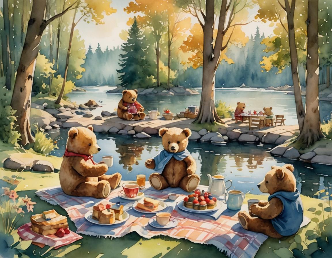 Teddy Bears' Lakeside Picnic: Whimsical Watercolor Illustrat...