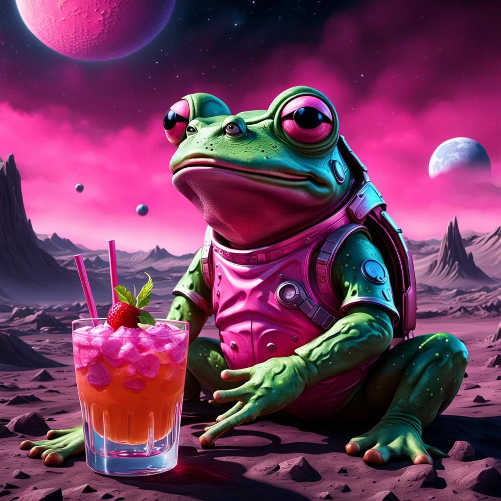 Pink Frog Sipping Cocktails on the Moon