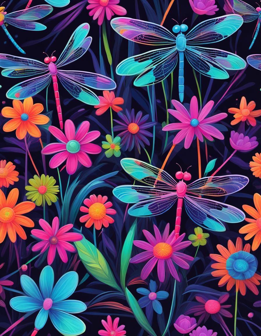 Abstract Dragonflies and Neon Flowers