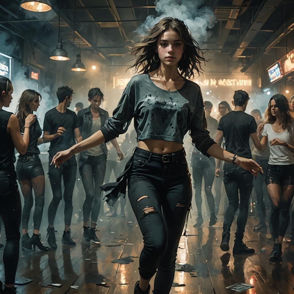 Girl Dancing in Smoky Nightclub, Figurative Style