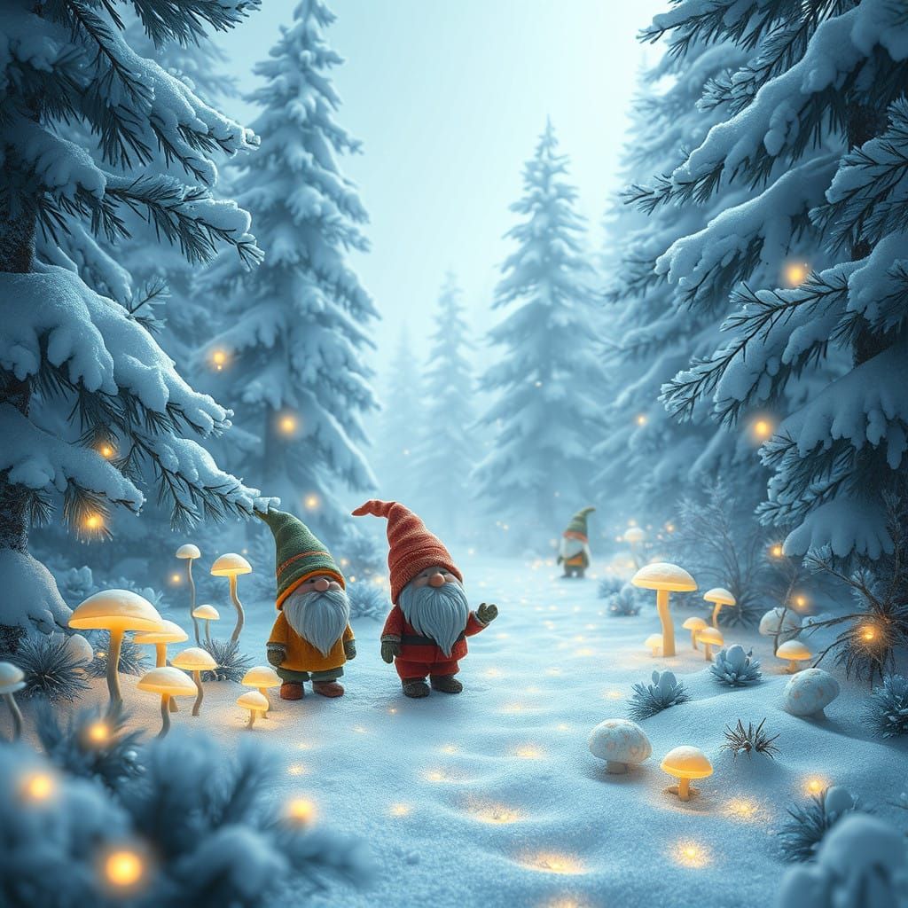 Enchanted Winter Forest Scene with Gnomes and Glowing Mushro...