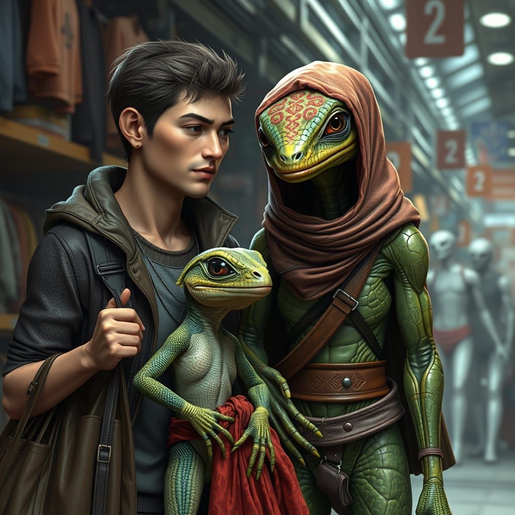 Human & Green Lizard Alien with Juvenile Offspring