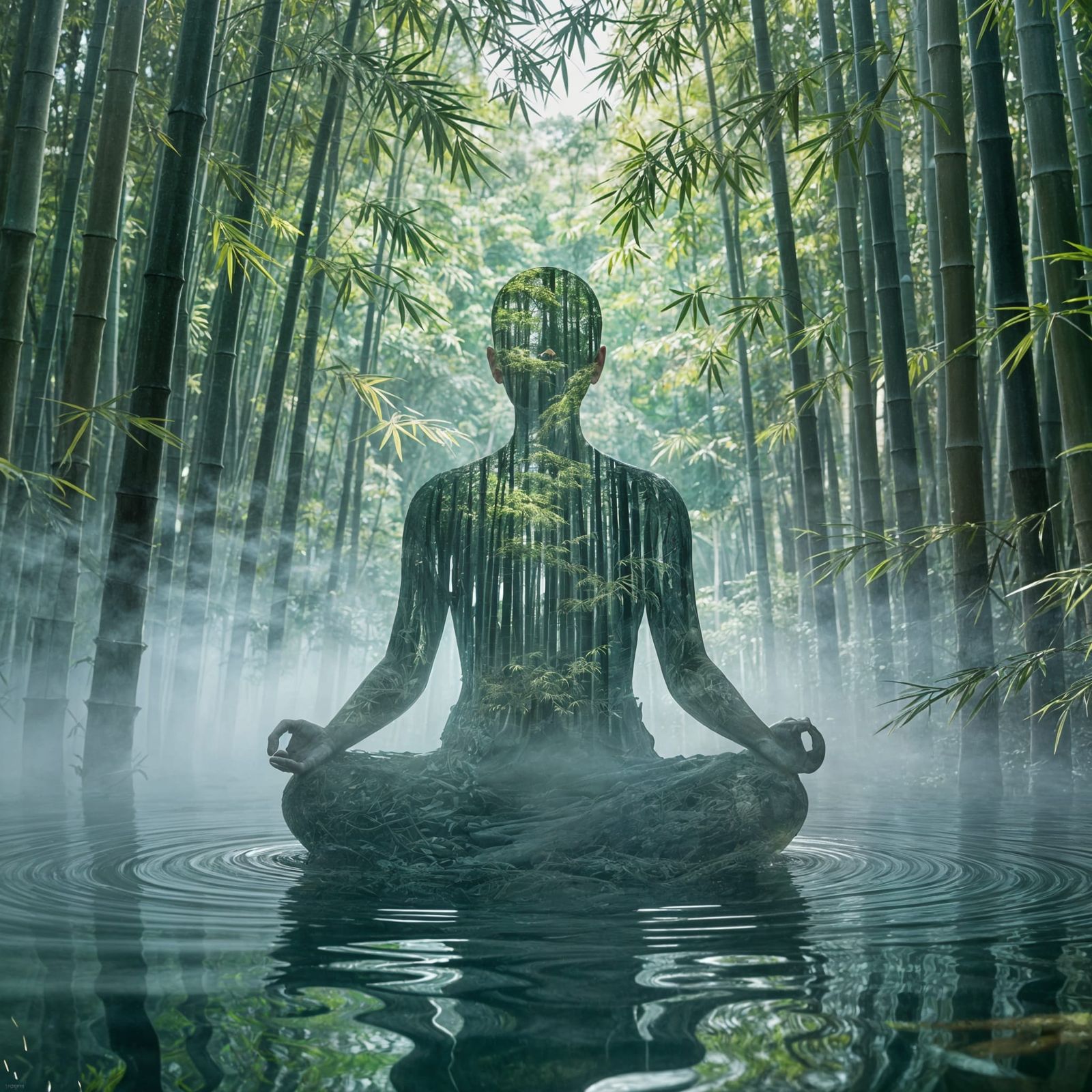 Meditating Silhouette Amidst Bamboo Forest Waters