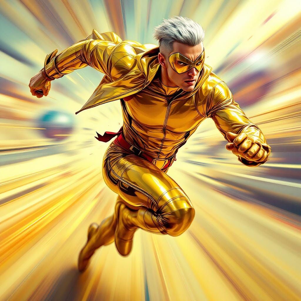 Futuristic Gold Superhero Running at Super Speed