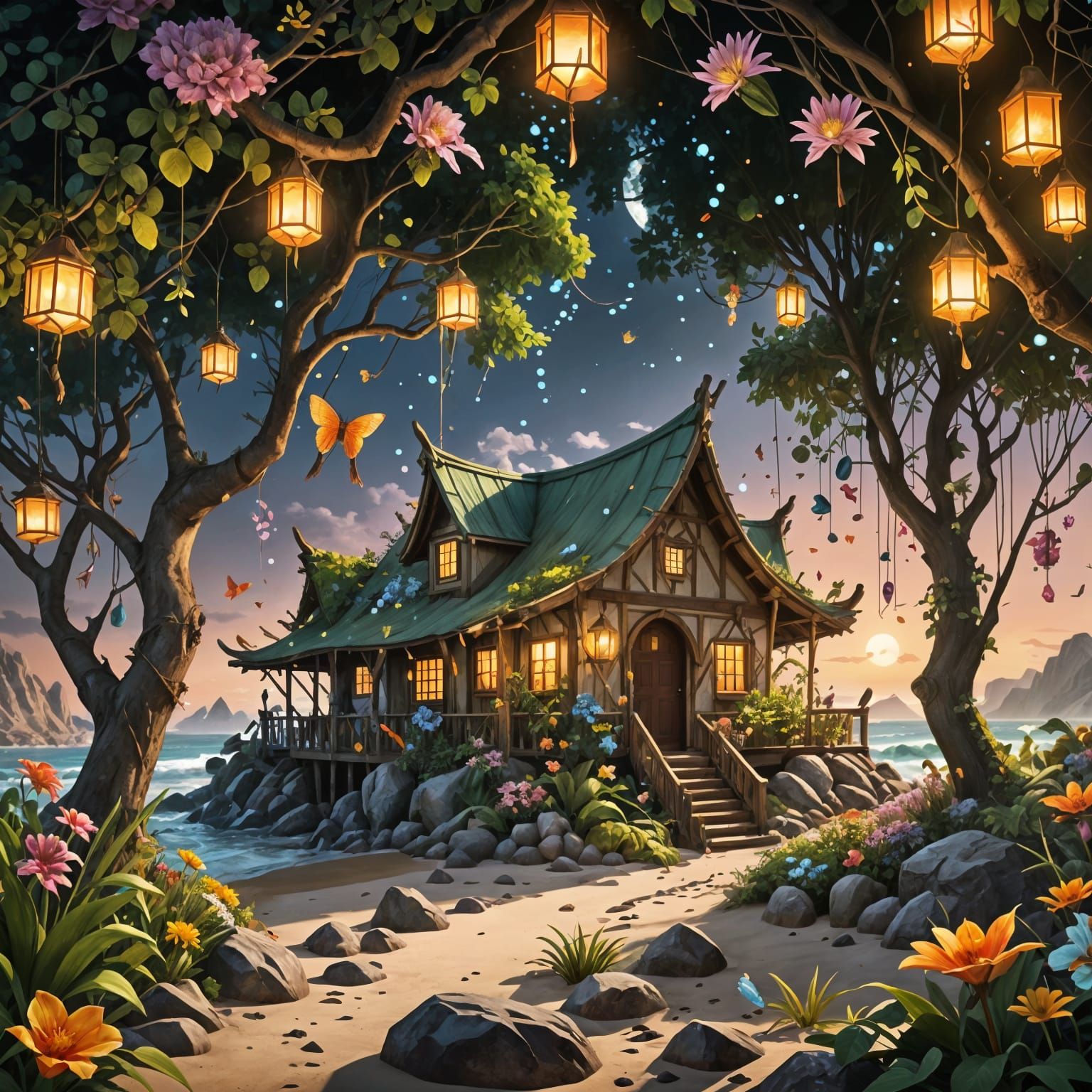 Magical Beach Tent Under Starry Night Sky