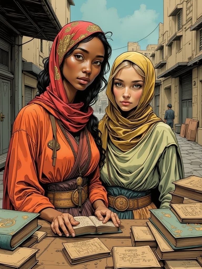 Ethereal Women Amidst Ancient Texts in a Bustling Middle Eas...