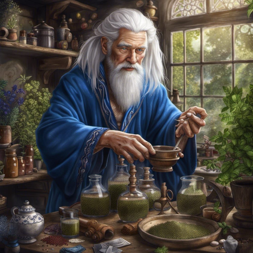 Wizard Brews Herbal Medicine with Jolly Disposition