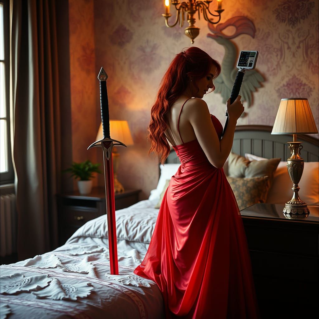 Red Sonja Plugs In Tesla Sword: Cinematic Film Still