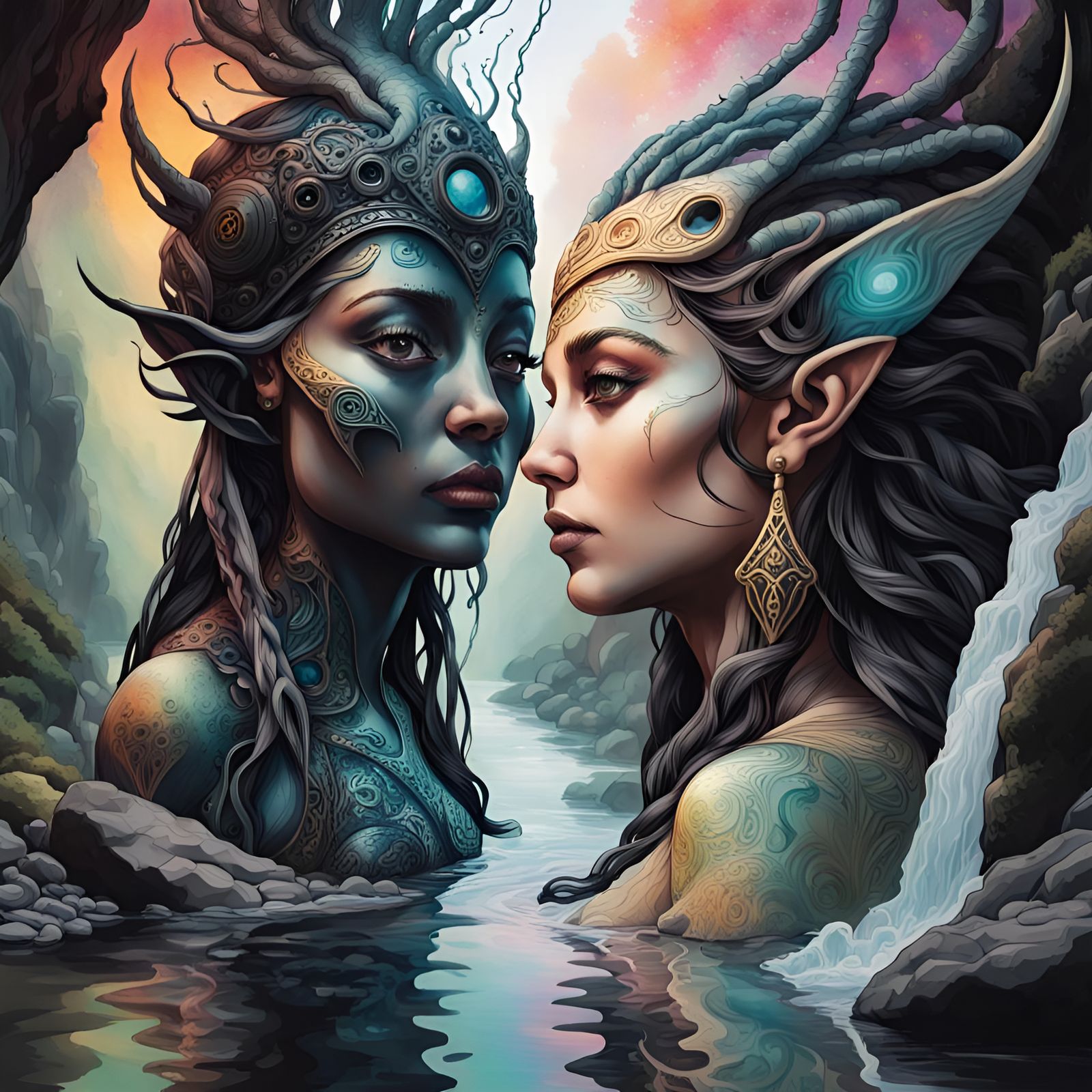 Alien Goddess Meets Ancient Elf in Ink Art
