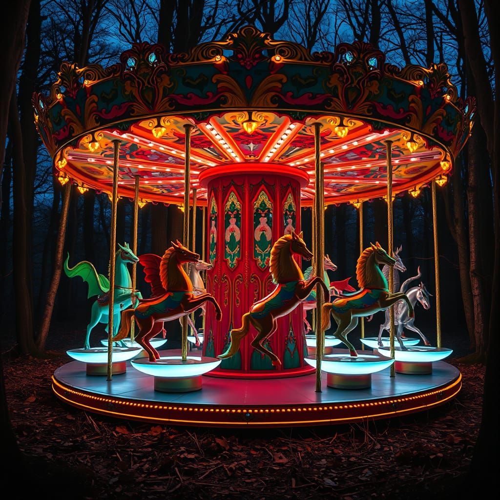 Mythical Carousel in Enchanted Forest at Night