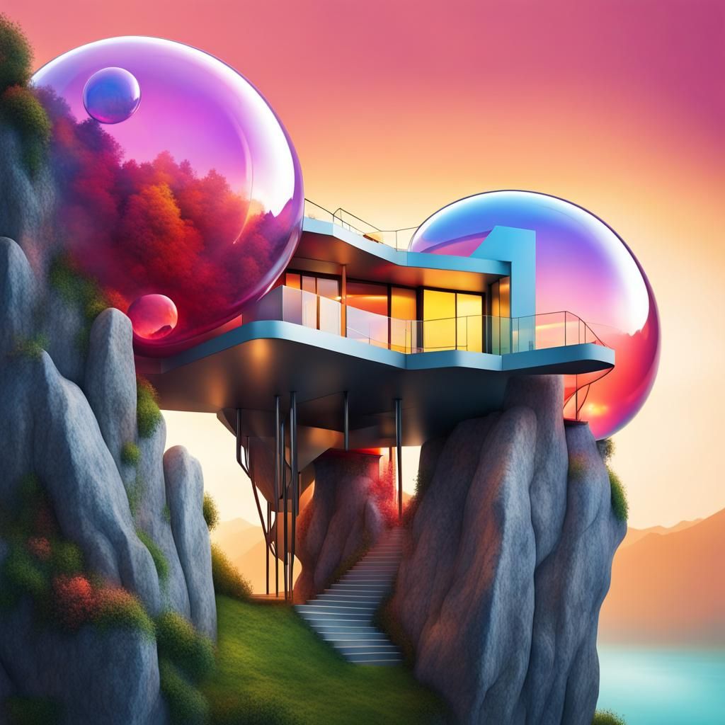 Hyperrealistic Bubble House on Mountain Overhang