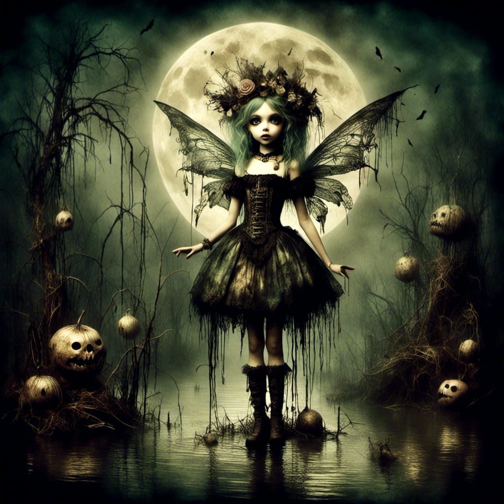 Ethereal Fae with Doll in Grungy Watercolor Style