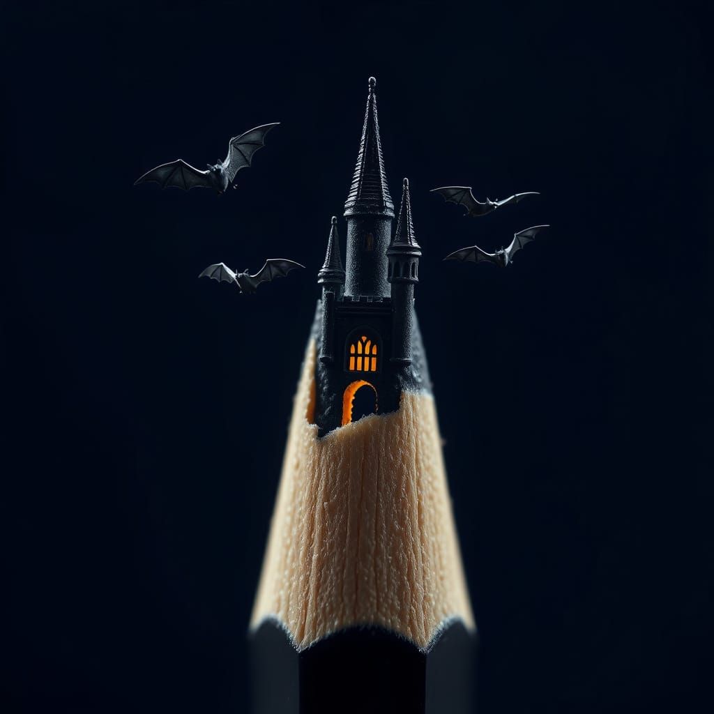 Graphite Pencil Carved into Gothic Castle with Bats