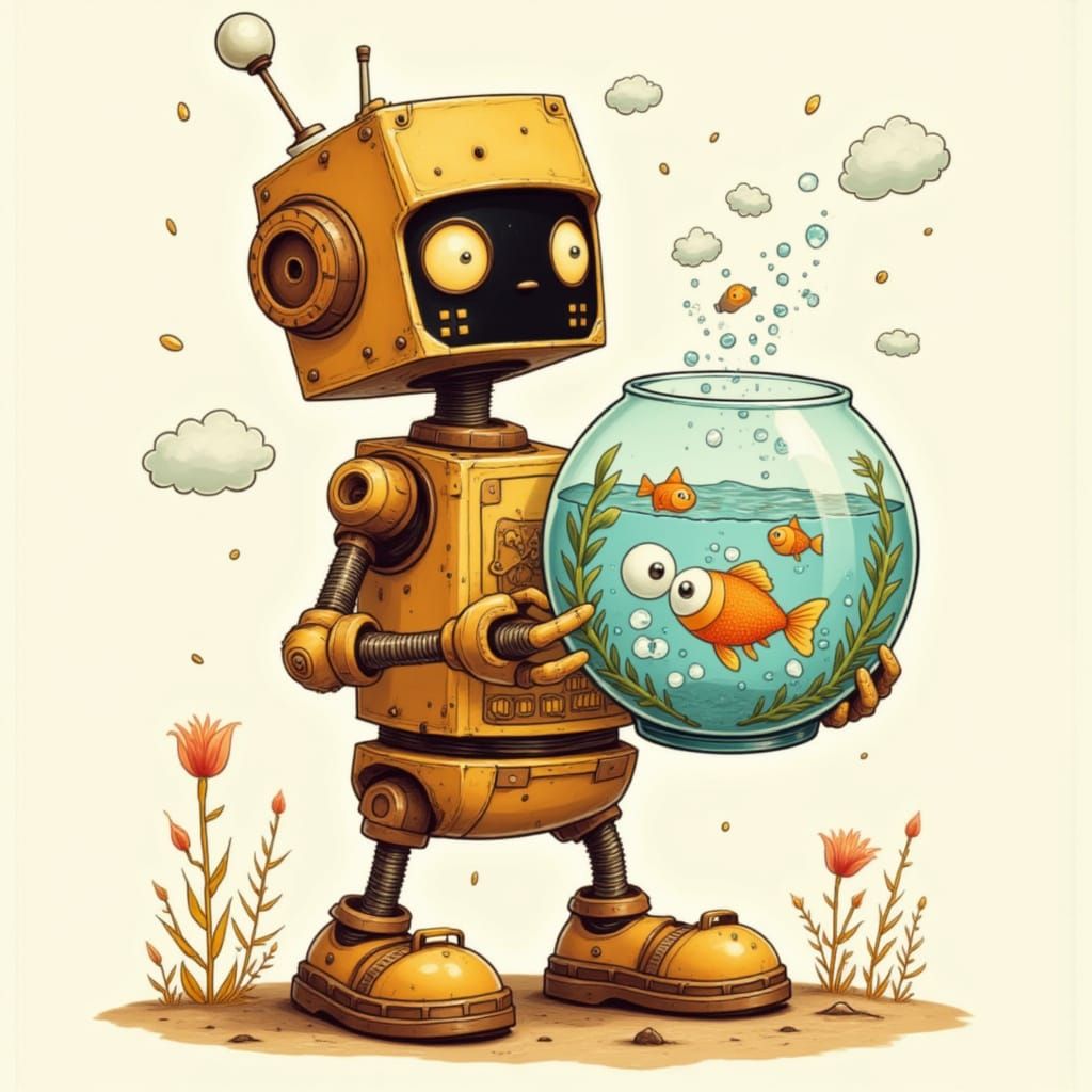 Cute Robot Holding a Fishbowl