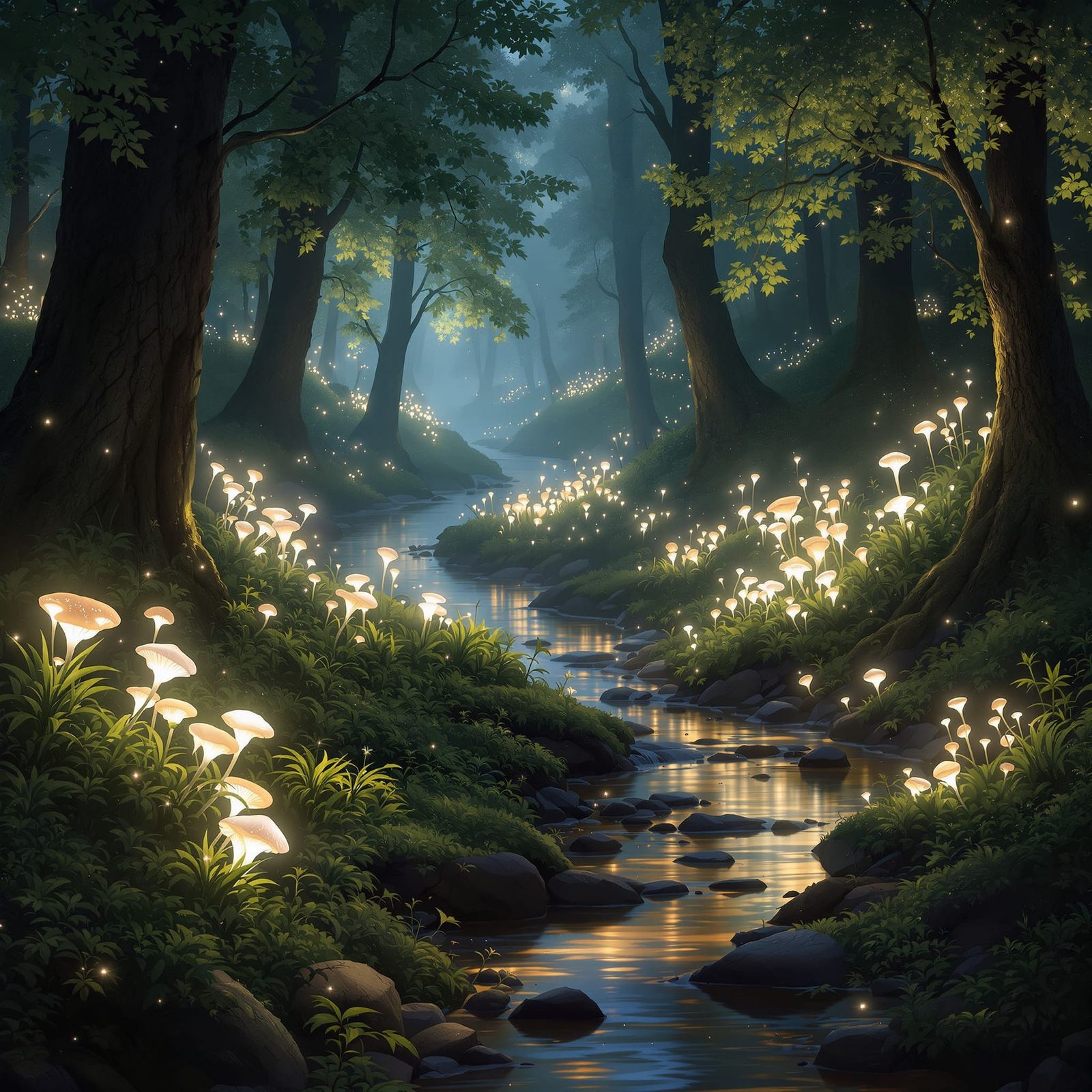 Bioluminescent Forest Clearing with Magical Stream