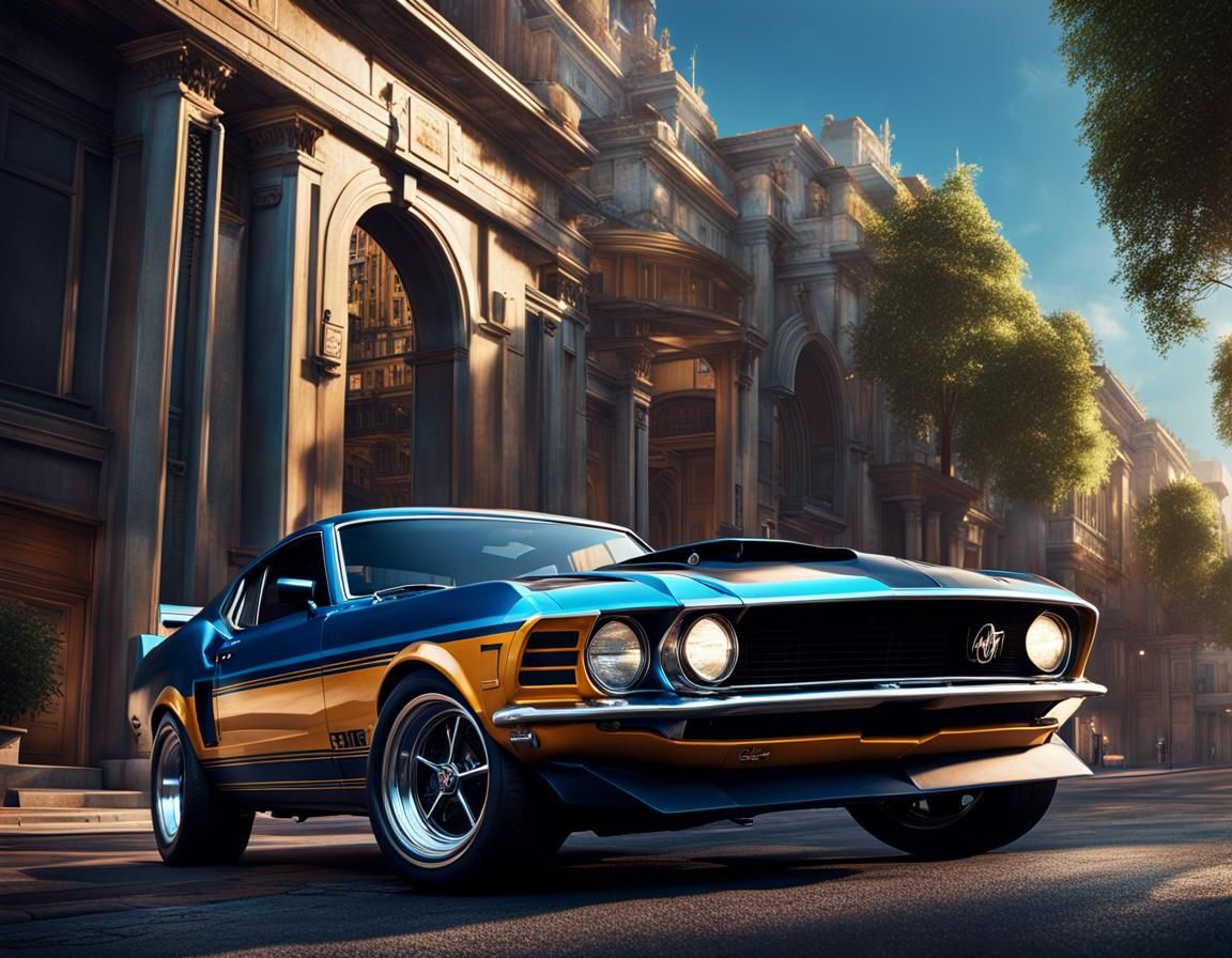 Blue 1969 Mustang Mach 1 Speeding on City Street