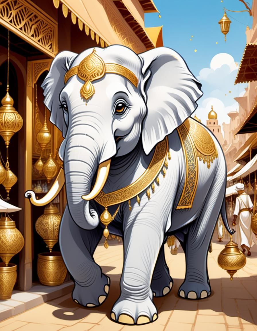 Albino Elephant in Moroccan Market, Disney Style