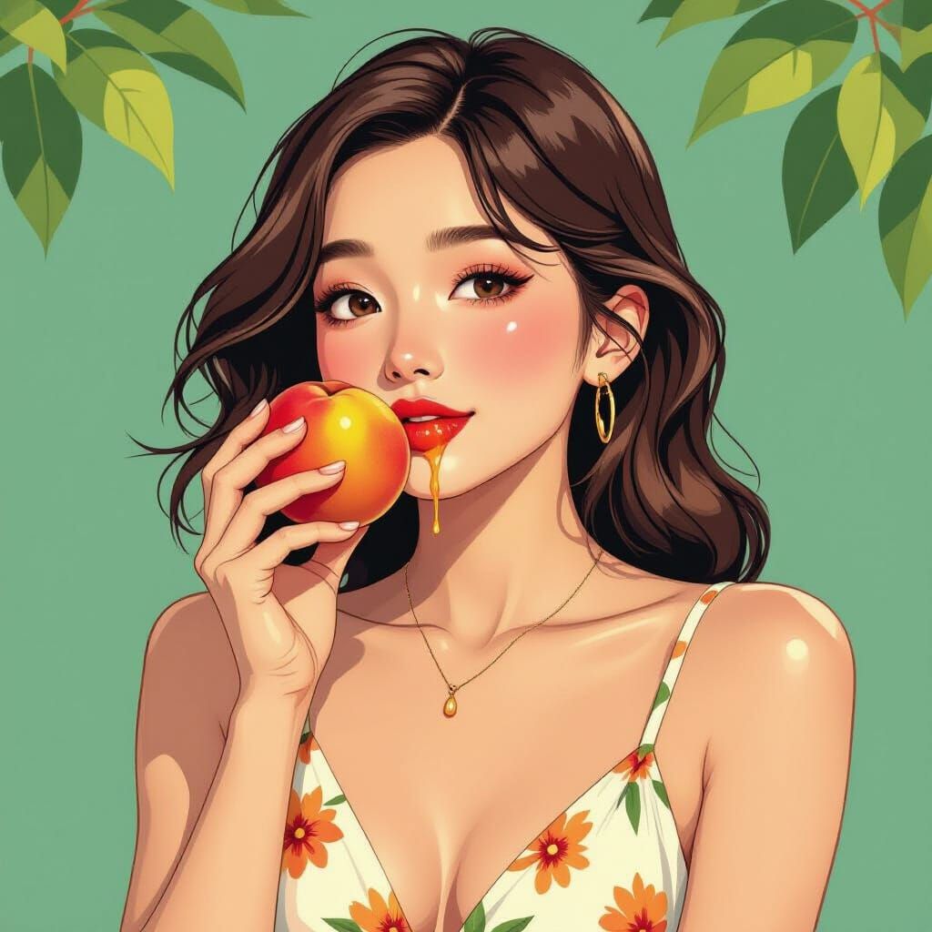 Young Woman Eating Peach in Realistic Style