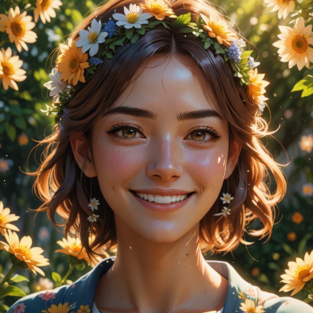 Girl with Flowers: Hyper-Realistic Anime Portrait