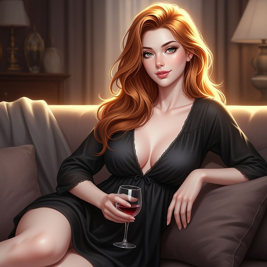Redhead in Black Gown Relaxing with Wine