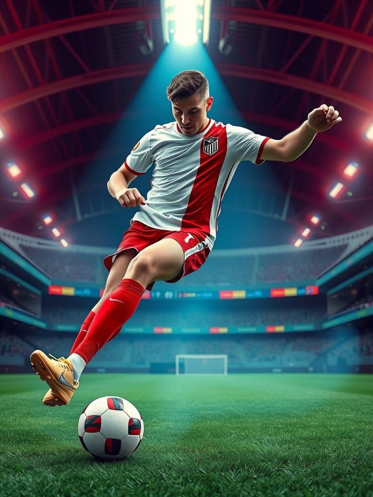 Dynamic Soccer Player Kicking Ball in Futuristic Stadium