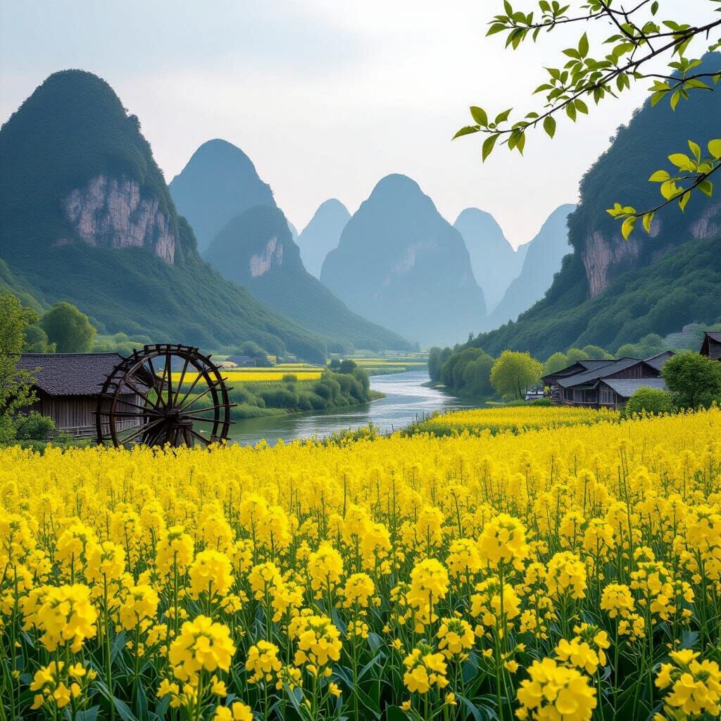 Vast Rapeseed Field Meets Karst Mountains in Spring