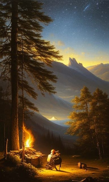 Baroque Knight's Campfire Under Starry Night