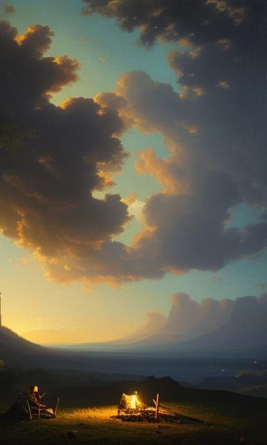 Knight by Campfire Under Starry Sky in Baroque Style