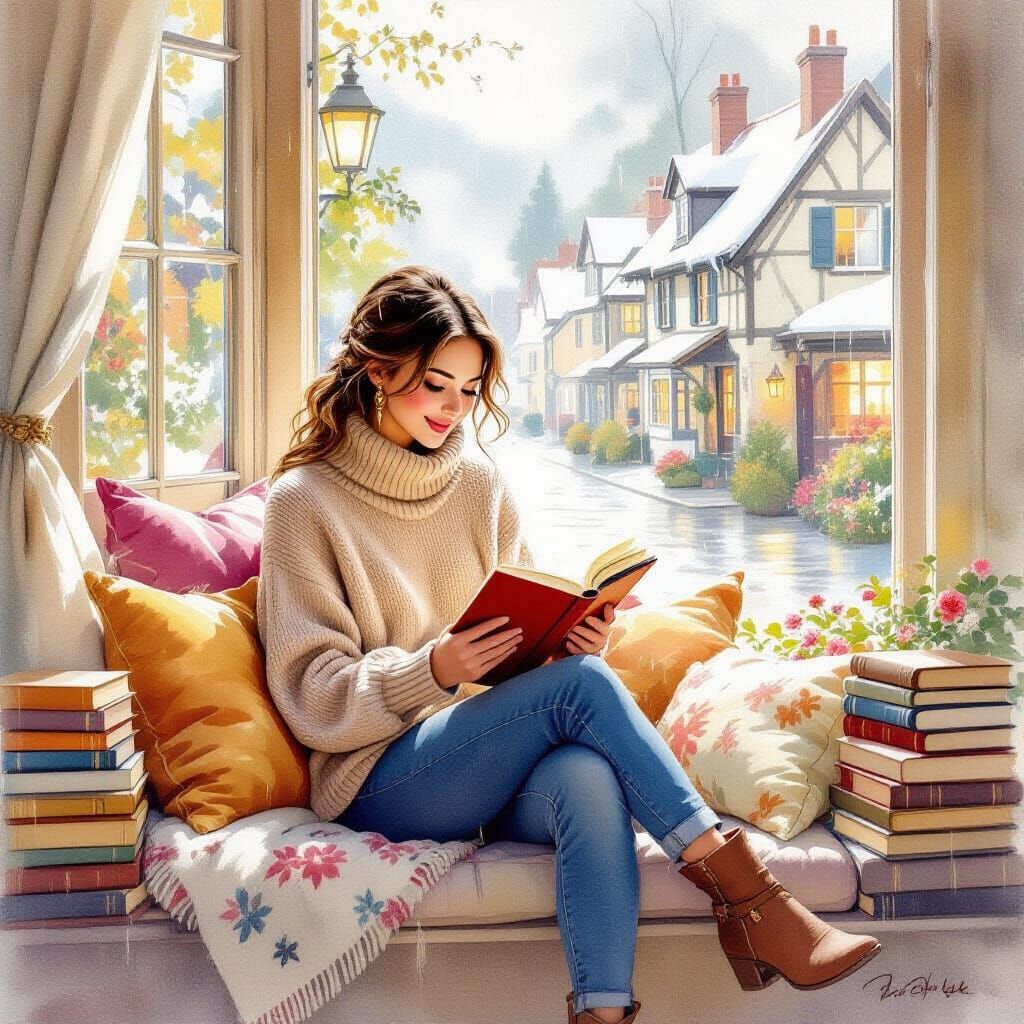 Cozy Woman Reading on Window Seat in Watercolor Style