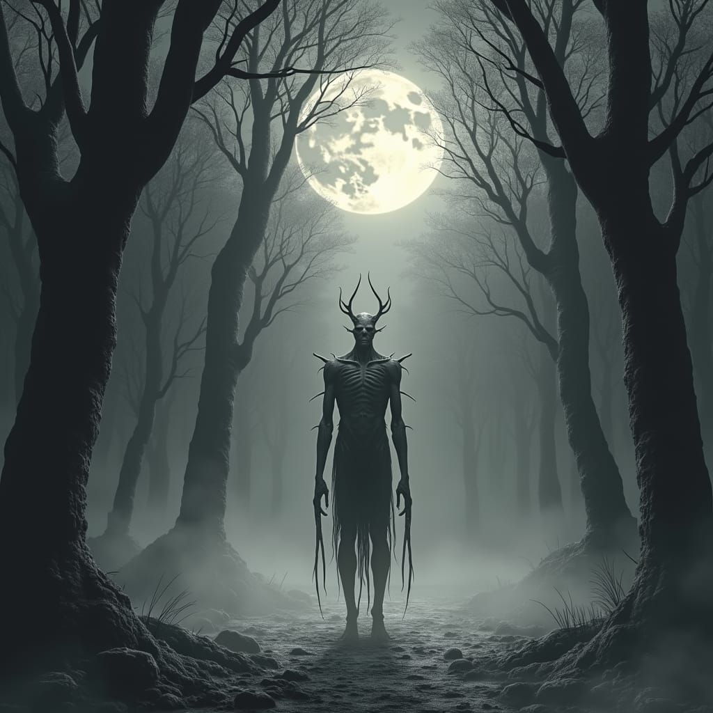 Monochromatic Wendigo in Ethereal Forest Clearing