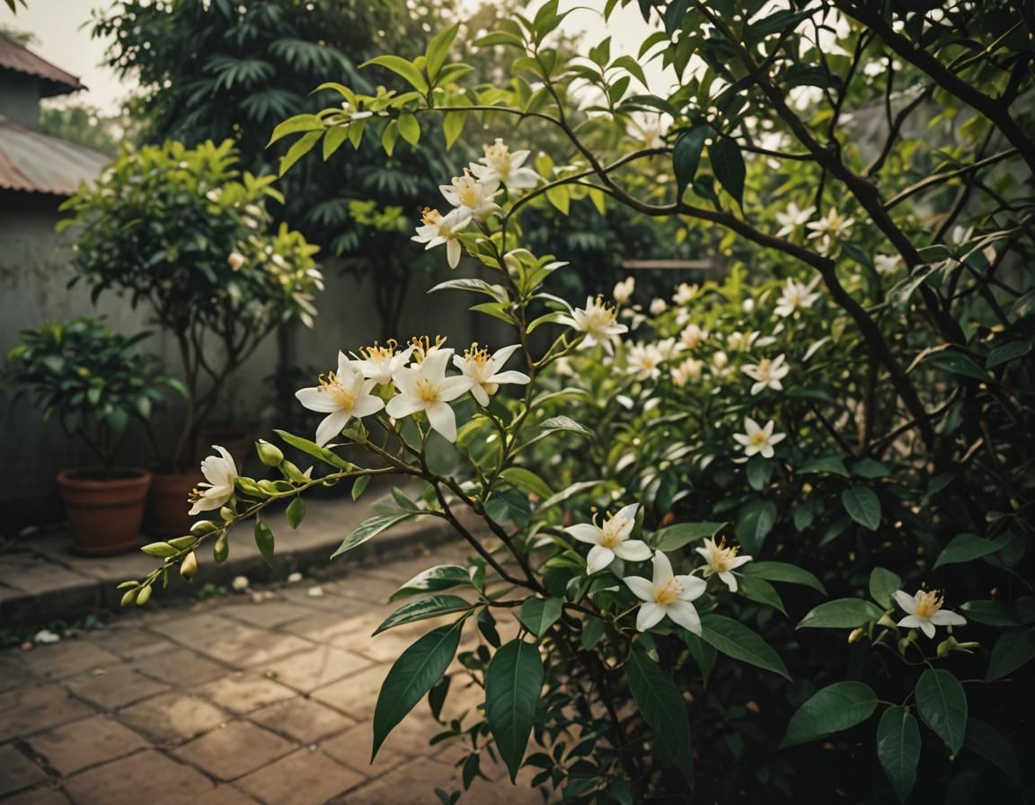 Jasmine Plant in Indian Backyard: Cinematic Still