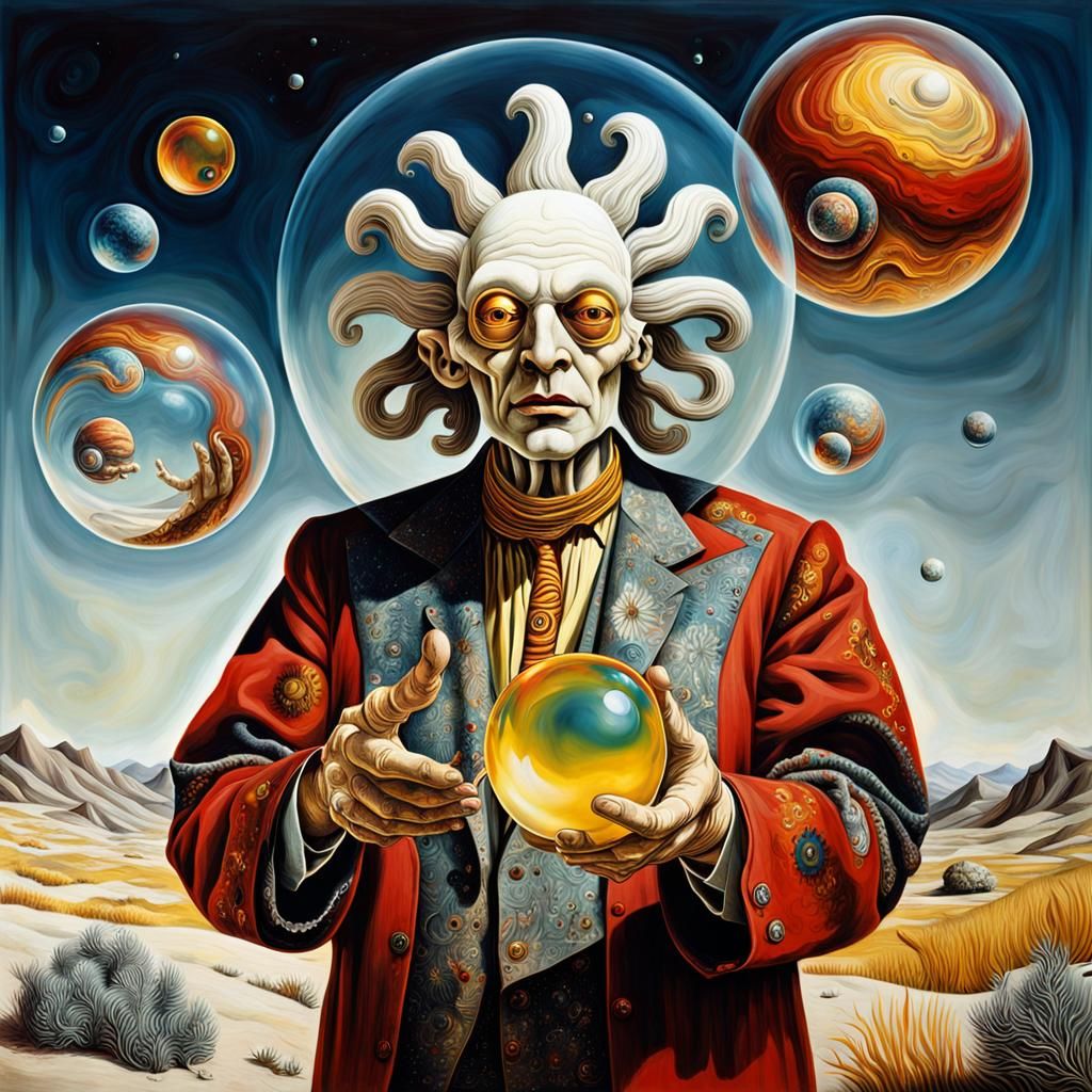 Cosmic Characters Holding Cosmos Bubble, Oil Painting