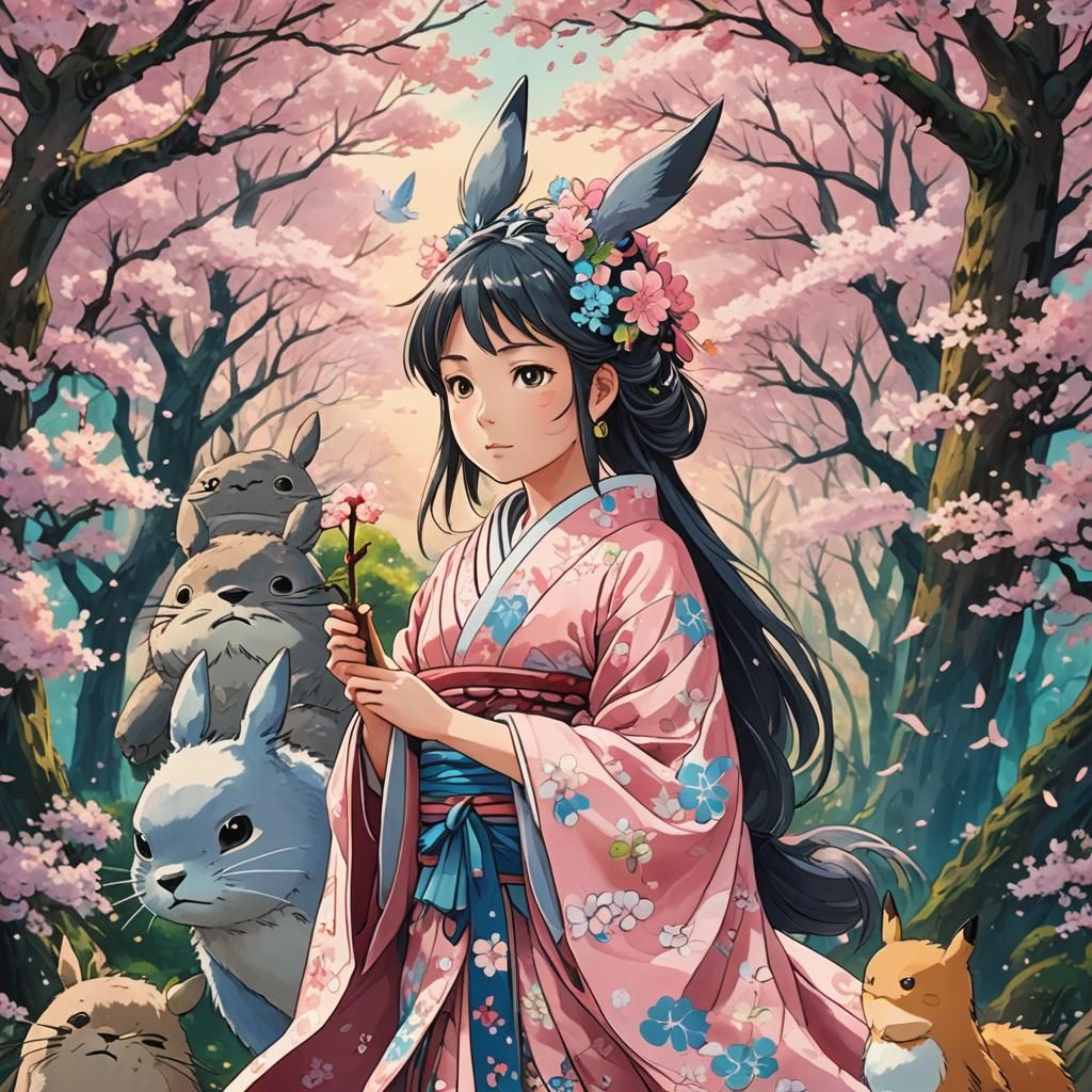 Goddess of Love and Totoro in Anime Style