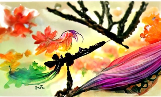 Anime Fairy on Branch at Sunrise in Watercolor