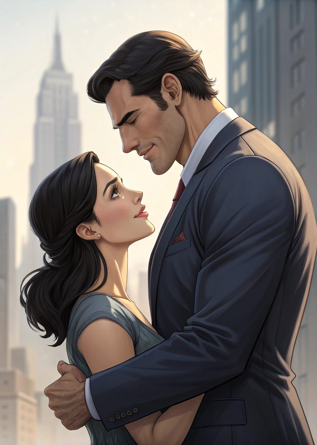 Muscular Man in Suit Hugs Beautiful Woman