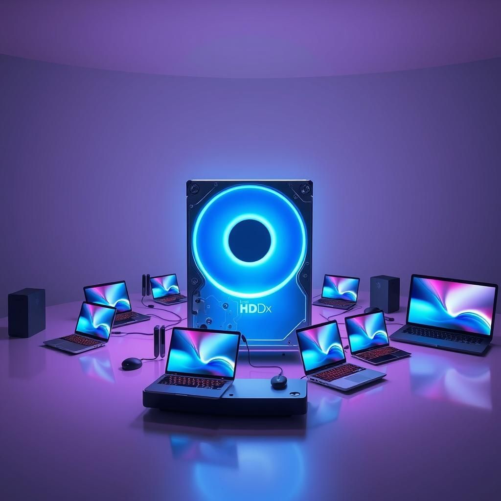 Glowing Hard Drive Radiating Gadgets in Futuristic Style