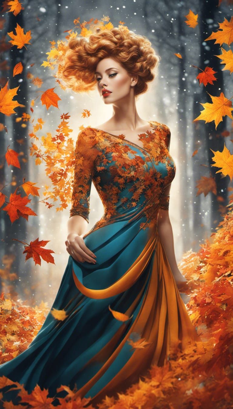 Autumnal Woman in Winter Landscape: Ink and Pencil Art