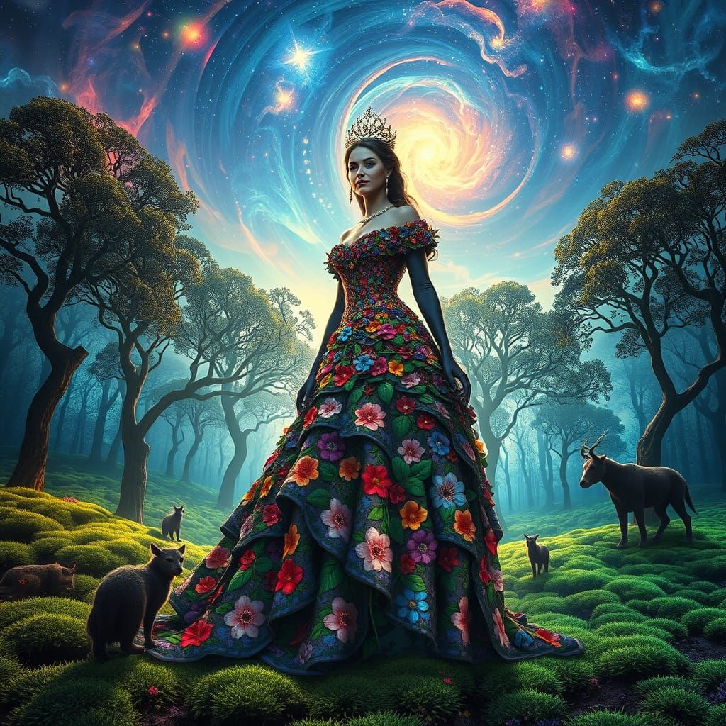 Regal Woman in Bioluminescent Forest, Surreal Dreamscape