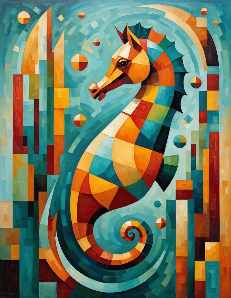 Colorful Cubist Seahorse in Sparkling Blue Water