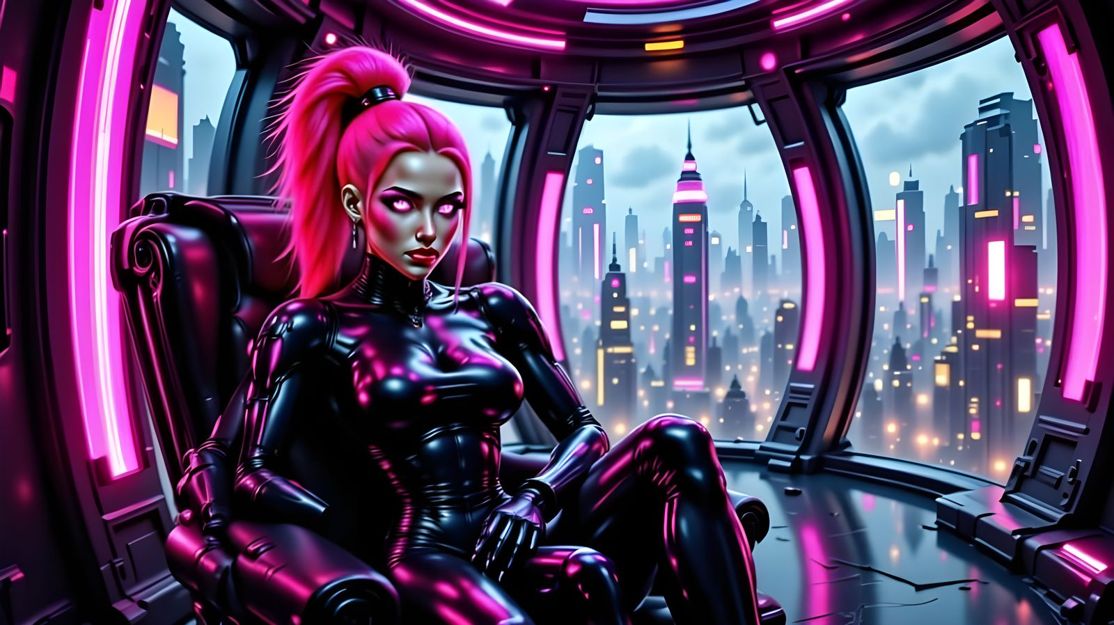 Cyberpunk Queen on Throne in Futuristic Penthouse