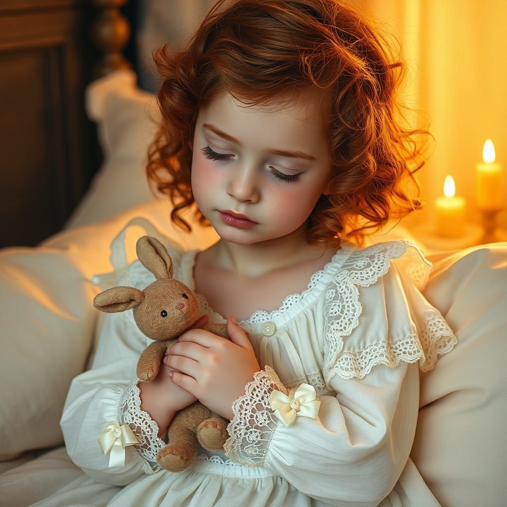 Girl with Rabbit Toy Ready for Sleep
