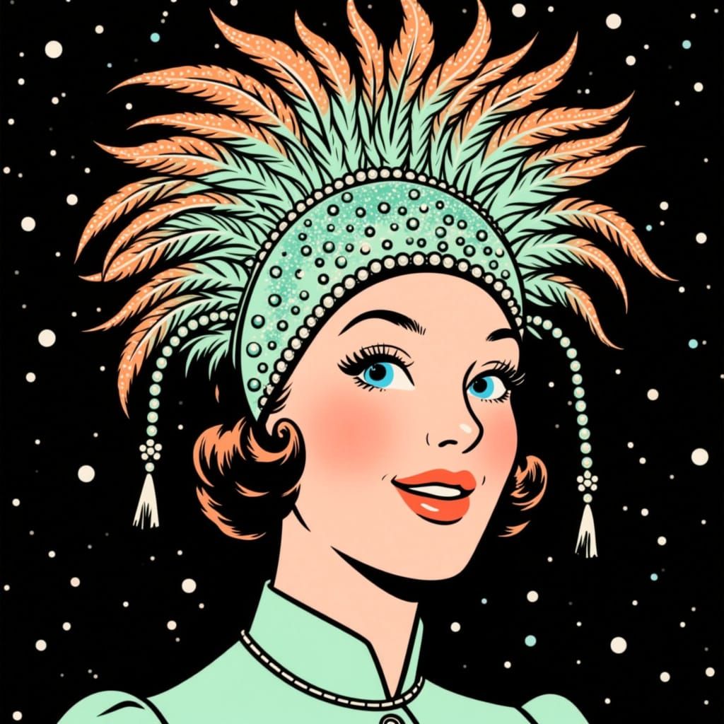 Retro Feathered Headpiece in Mint and Orange