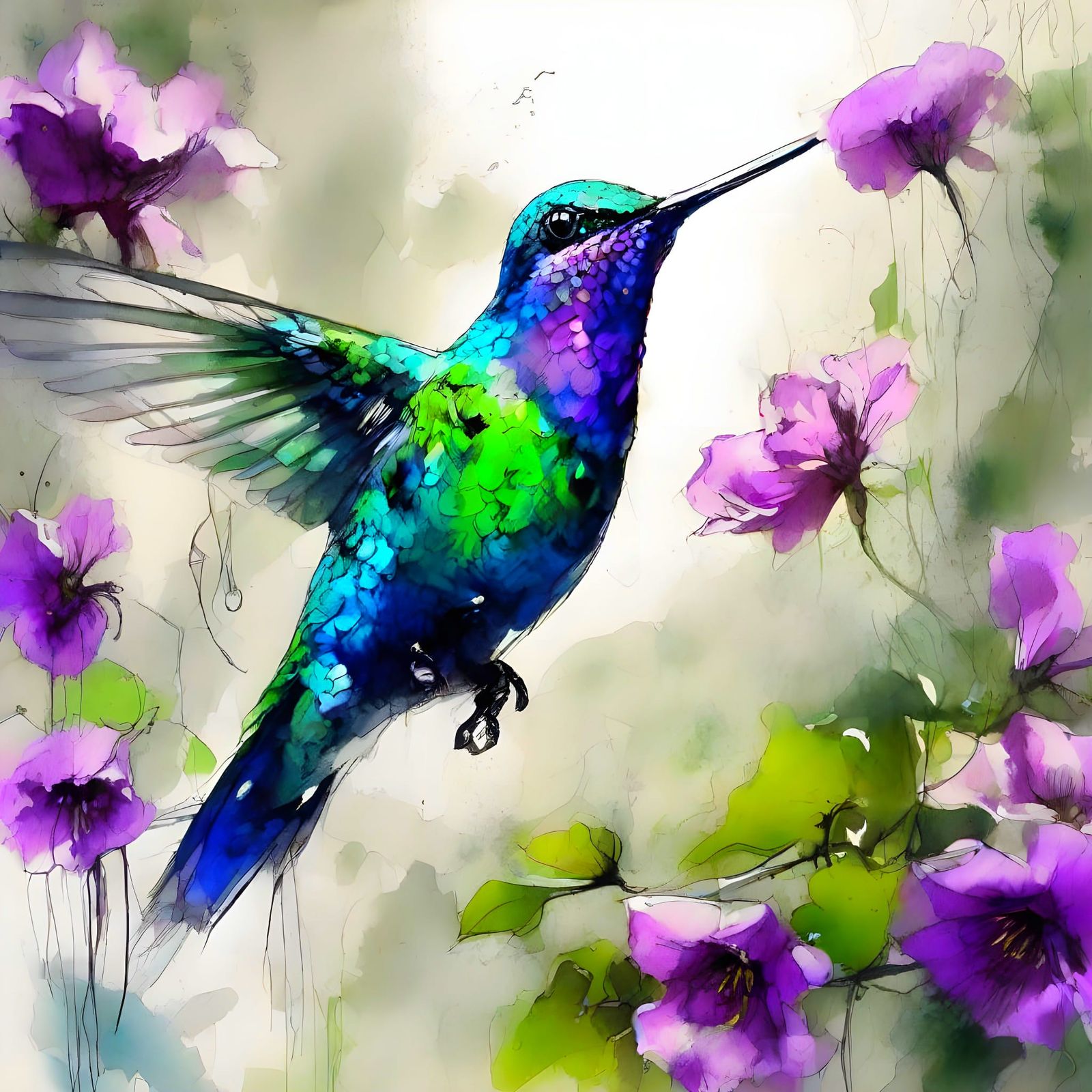 Hummingbird in Ink, Fantasy Art Style