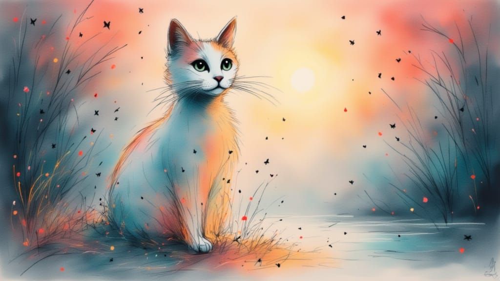 Whimsical Cat Design Disintegrating into Fractal Iridescence