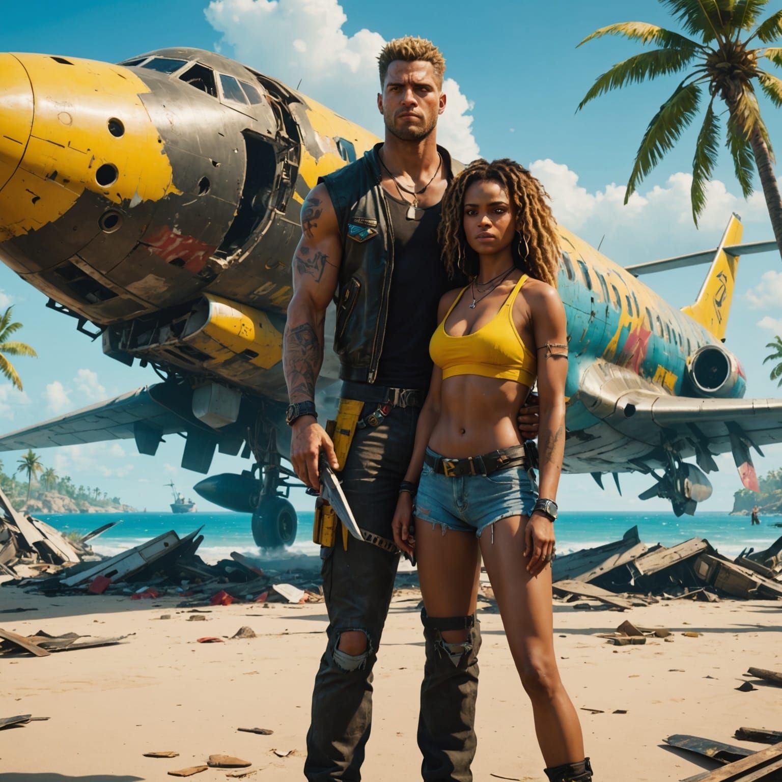 Tropical Beach Crash Survivors in Cyberpunk Style