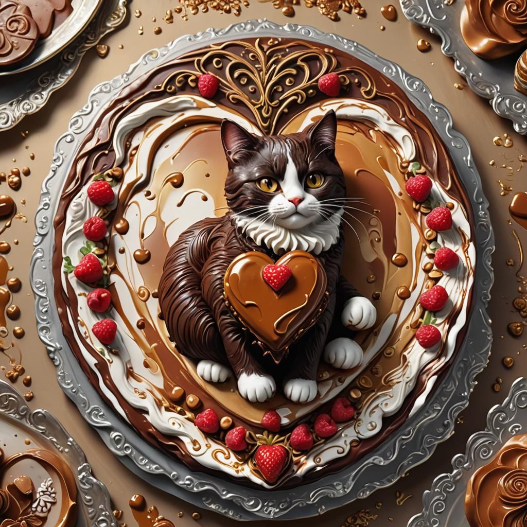 Heart-Shaped Cat Cake with Chocolate, Fantasy Art